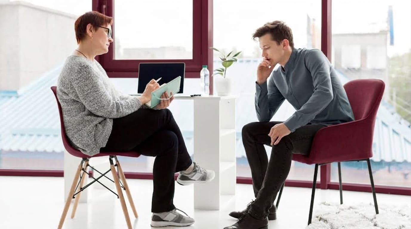 Psychologist discussing career counselling and life coaching options with a client